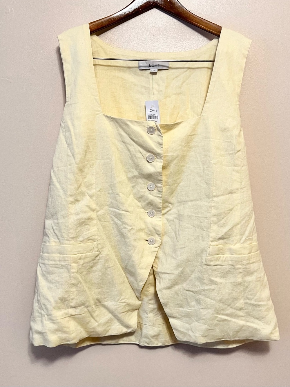 LOFT Light Yellow Linen Button-Front Square Neck Tank